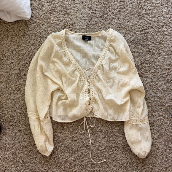Vici Tops - VICI Cream Lace-Up Peasant Top with Crochet Trim